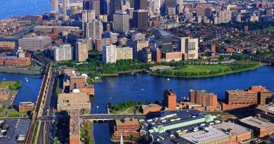 Aerial view of Boston showcasing its bustling downtown area with dense clusters of modern high-rises, the serene Charles River, and the intricate network of roads and bridges connecting diverse neighborhoods.